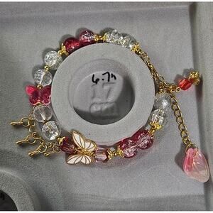 Red/Clear Wire Bracelet w Butterfly Charm w Gold beaded Dangle Charm #299
